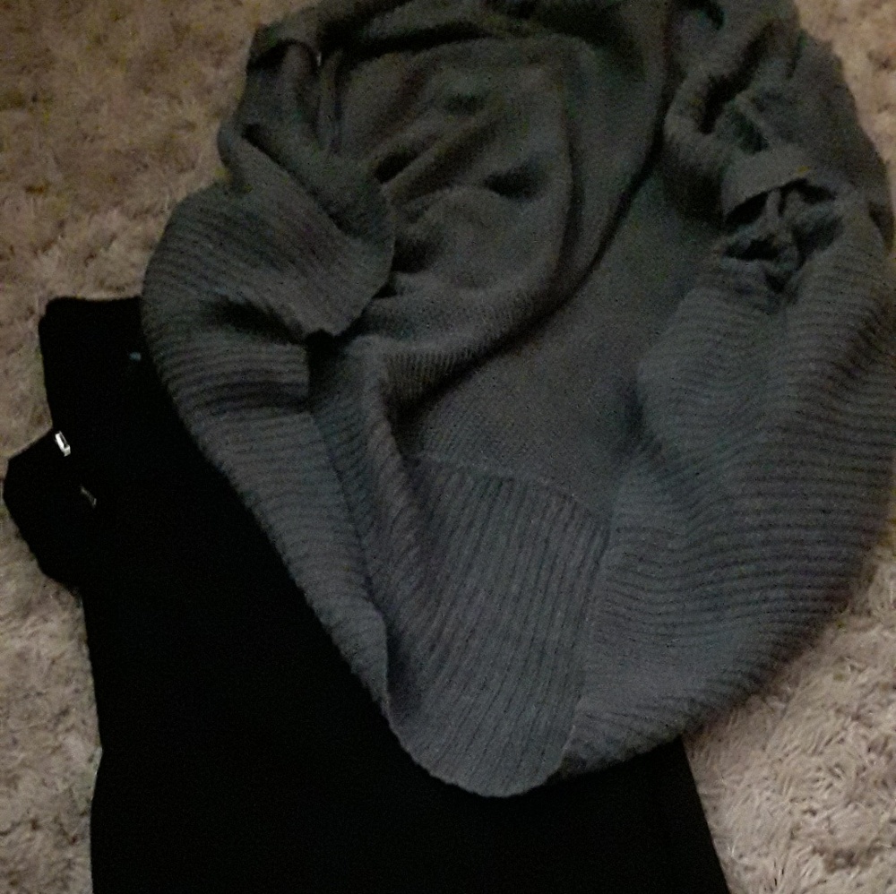 Black dress pants. Grey cardigan